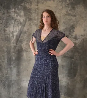 1920s / 1930s Navy Sheer Silk Print Dress