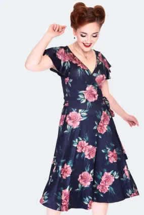 Dark Floral Flutter Sleeve Wrap Dress