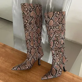 Elegant Modern Stylish Designer Snakeskin Pointed Toe Knee High Boots